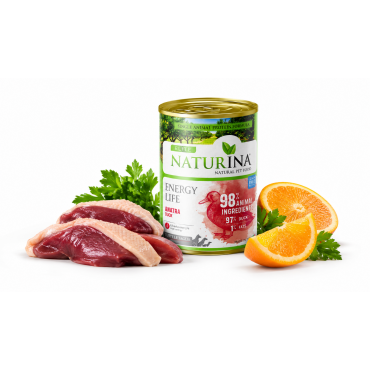 Naturina Elite Energy Life mono duck grain free - konservi suņiem ar pīli, apelsīniem un žeņšeņu, bez graudiem 400 g 