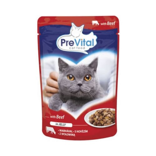 Konservi kaķiem PreVital Pouch for adult cat with Beef in Jelly, liellopa gaļa želejā 100 g
