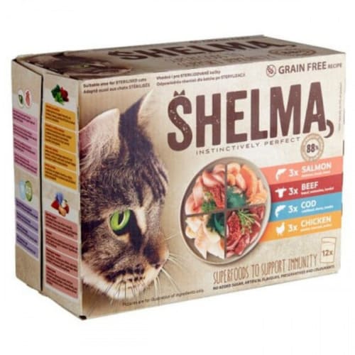 Konservi kaķiem SHELMA  gaļas un zivju asorti (liellops, vista, menca, lasis mērcē) 12x 85 g