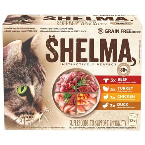 Konservi kaķiem SHELMA  gaļas asorti (liellops, tītars, vista, pīle mērcē) 12x 85 g Konservi kaķiem SHELMA  gaļas asorti (liellops, tītars, vista, pīle mērcē) 12x 85 g