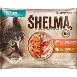 Konservi SHELMA kitten  turkey, salmon in gravy- kaķēniem tītars un lasis mērcē 4x 85 g