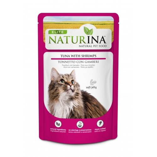 NATURINA ELITE - konservi kaķiem tuncis ar garnelēm želejā 70 g. NATURINA ELITE - konservi kaķiem tuncis ar garnelēm želejā 70 g.