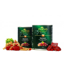 Konservi suņiem Nuevo Super Premium Venison ar brieža gaļu, brūklenēm un saflora eļļu 800 g