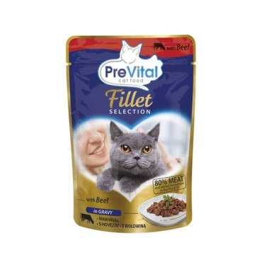 Konservi kaķiem PreVital Fillet for adult cat with Beef in Gravy, liellopa gaļa mērcē 85 g