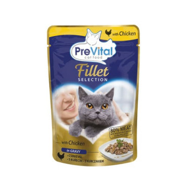 Konservi kaķiem PreVital Fillet for adult cats with Chicken in Gravy, vistas gaļa mērcē 85 g