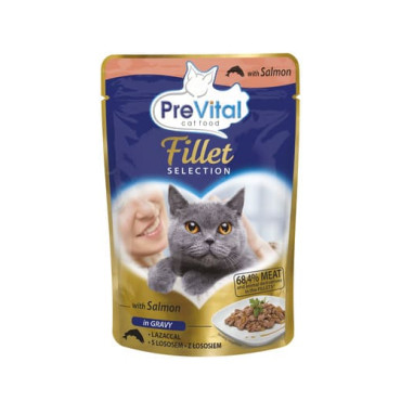Konservi kaķiem PreVital Fillet for adult cats with Salmon in Gravy, lasis mērcē 85 g