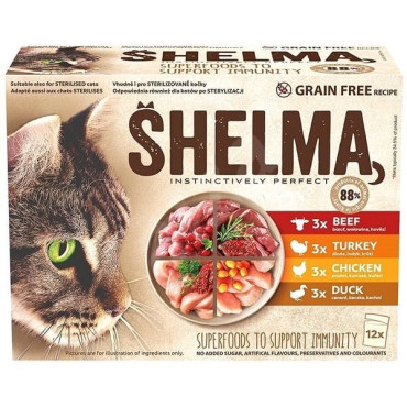 Konservi kaķiem SHELMA  gaļas asorti (liellops, tītars, vista, pīle mērcē) 12x 85 g