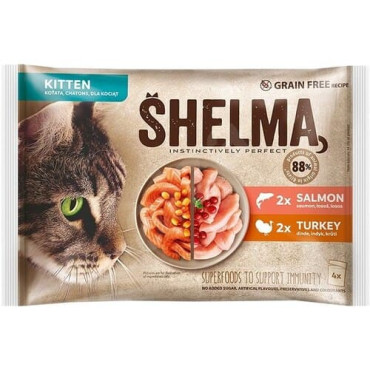 Konservi SHELMA kitten  turkey, salmon in gravy- kaķēniem tītars un lasis mērcē 4x 85 g