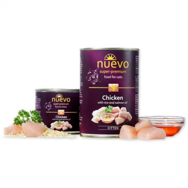 Konservi kaķēniem Nuevo Kitten Chicken and Salmon oil ar vistas gaļu un laša eļļu 400 g
